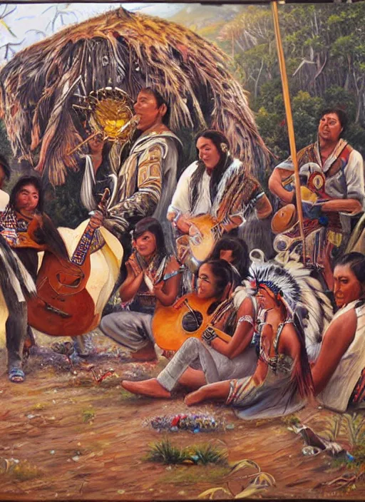 Prompt: a realistic painting of indigenous people playing music, highly detailed, fantasy art