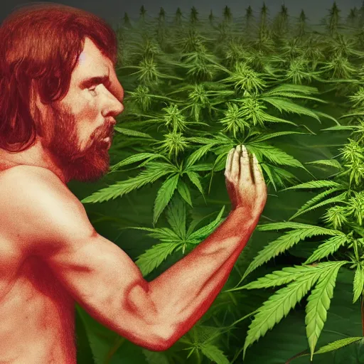 Image similar to the satana spreads his hands against the background of growing cannabis. realistic rendering