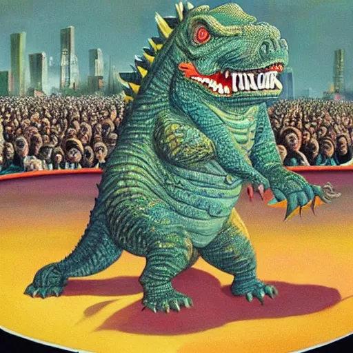 Image similar to beautiful lifelike painting of godzilla breakdancing at a rap concert, hyperreal detailed facial features and uv lighting, art by ed roth and basil wolverton