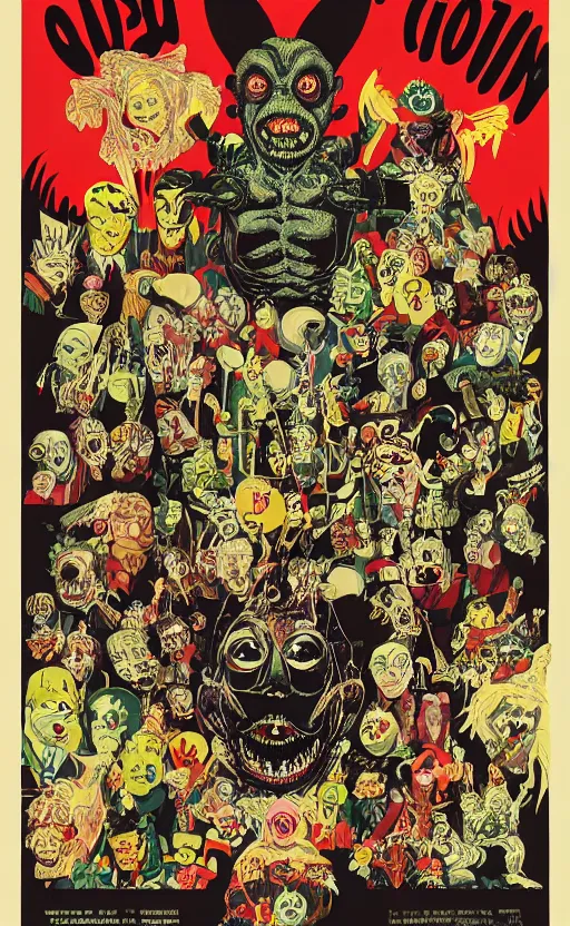 Image similar to cursed with necronomicon horrorcore cel animation poster depicting easter bunny, intricate faces, metropolis, 1 9 5 0 s movie poster, post - processing, vector art