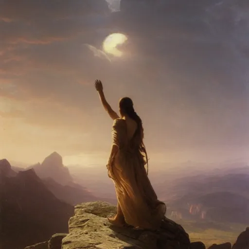 Image similar to an ultradetailed matte landscape painting of a large mountain made into a sculpture of a woman, sunrise on the horizon in the background, stone hand raised up, 8 k, art by greg rutkowski and albert bierstadt