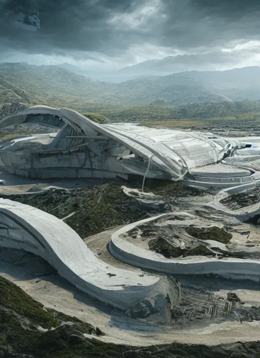 Image similar to bioremediation white mining tailing futuristic horizontal architecture in chuquicamata, epic, cinematic, hyperealistic, high detailed, corona render, hdr, ray tracing