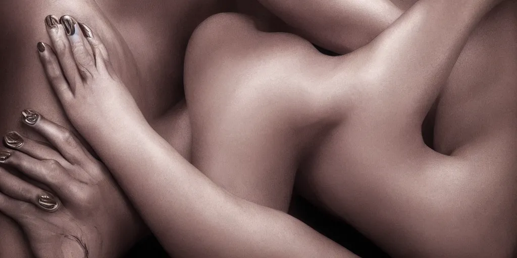 Image similar to hyperrealistic photography of a highly intricate, stunning cyborg female, elbow, armpit, knee, intimate, hands holding in the style of beth cavener, jin kagetsu, chuck close, and wlop, highly detailed, face, eyes closed, symmetry, masterpiece, award - winning, sharp focus, concept art, ambient lighting, 8 k, artstation