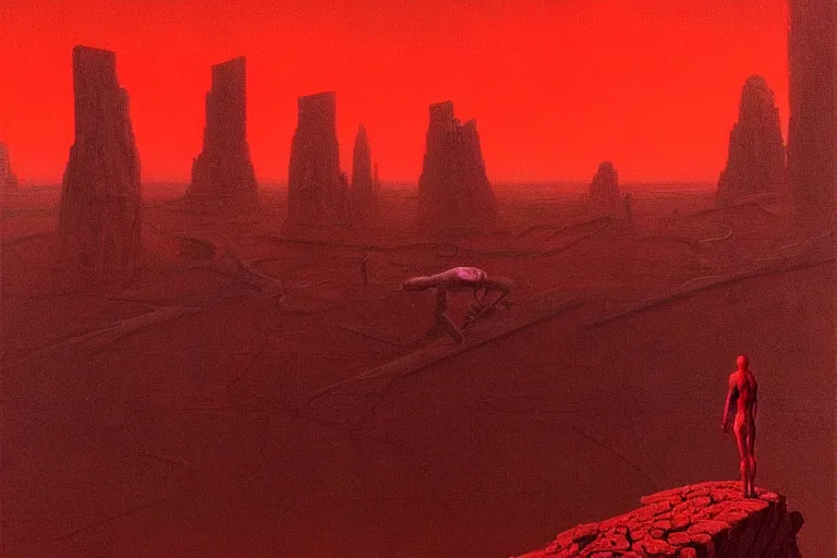 Image similar to only with red, a red god of death eat apple, a futuristic city on mars in background, an ancient path, pathos, in the style of beksinski, part by hopper, part by rodcenko, part by hofbauer, intricate composition, red by caravaggio, insanely quality, highly detailed, masterpiece, red light, artstation