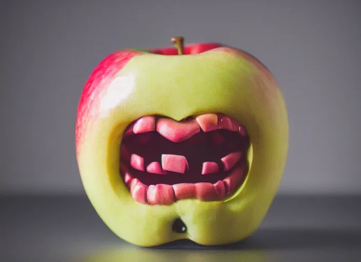 Image similar to photo still of an apple with human teeth, 8 k, studio lighting bright ambient lighting key light, 8 5 mm f 1. 8