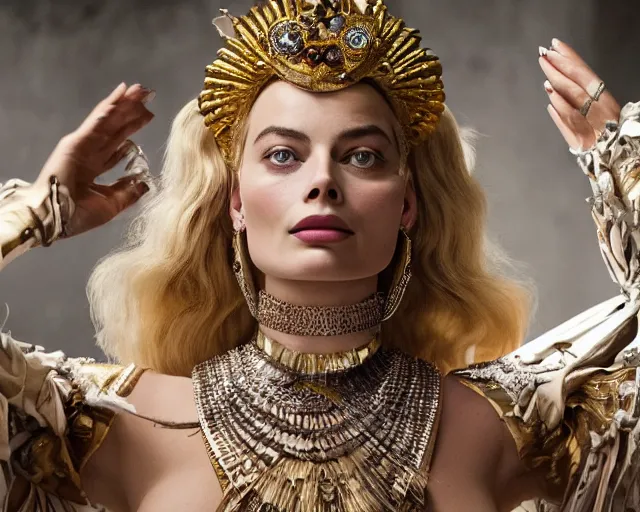 Image similar to Margot robbie as a goddess in heaven, Photography, Cinematic, Portrait, insanely detailed and intricate, hypermaximalist, elegant, ornate, hyper realistic, super detailed