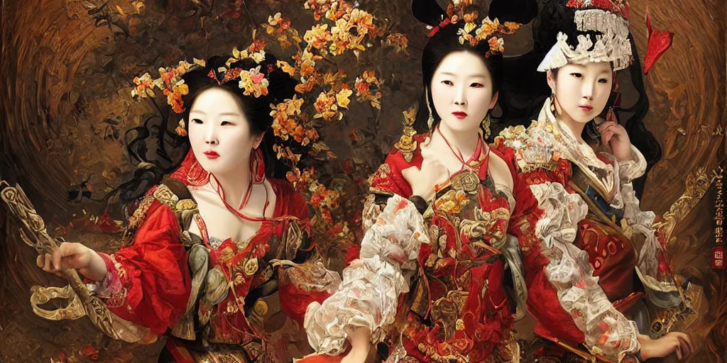 Image similar to Highly detailed and cinematic romantic period oil painting of the Chinese pirate queen Zheng Yi Sao, strong atmosphere, oil painting masterpiece by Josep Tapiró Baró, symmetry, fractals