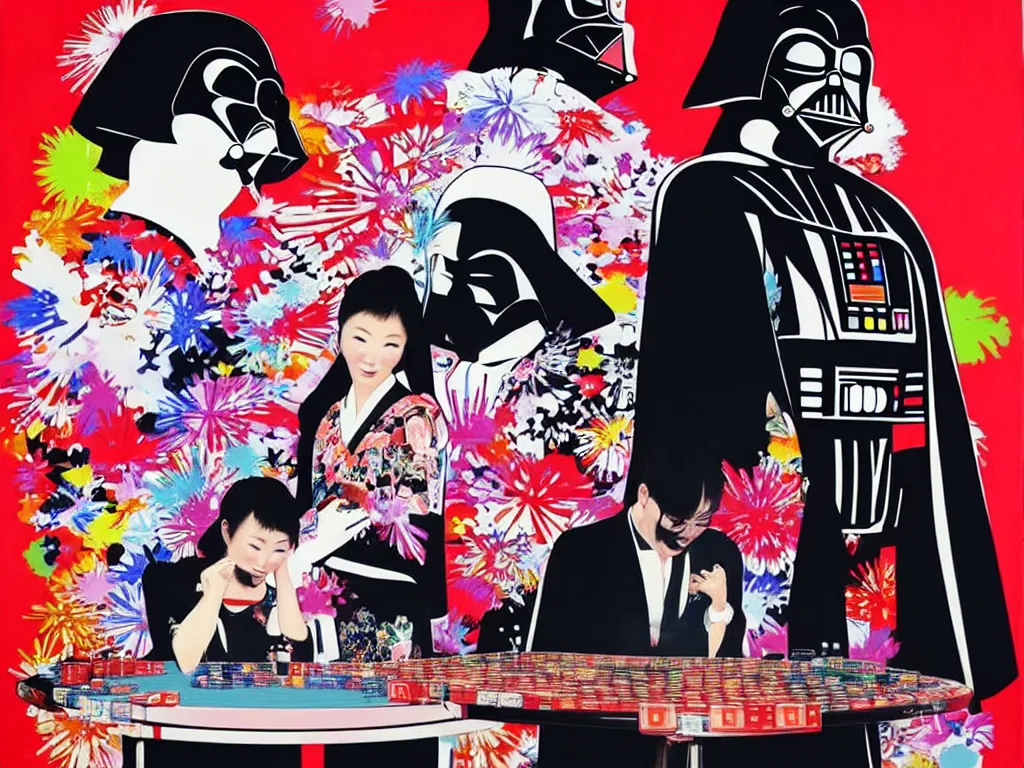 Image similar to hyperrealistic composition, in the middle the woman in a japanese kimono, behind her stands the darth vader, in front of her a table from the casino, in the background is ( ( mount fuji ) ) and fireworks, pop - art style, jacky tsai style, andy warhol style, acrylic on canvas