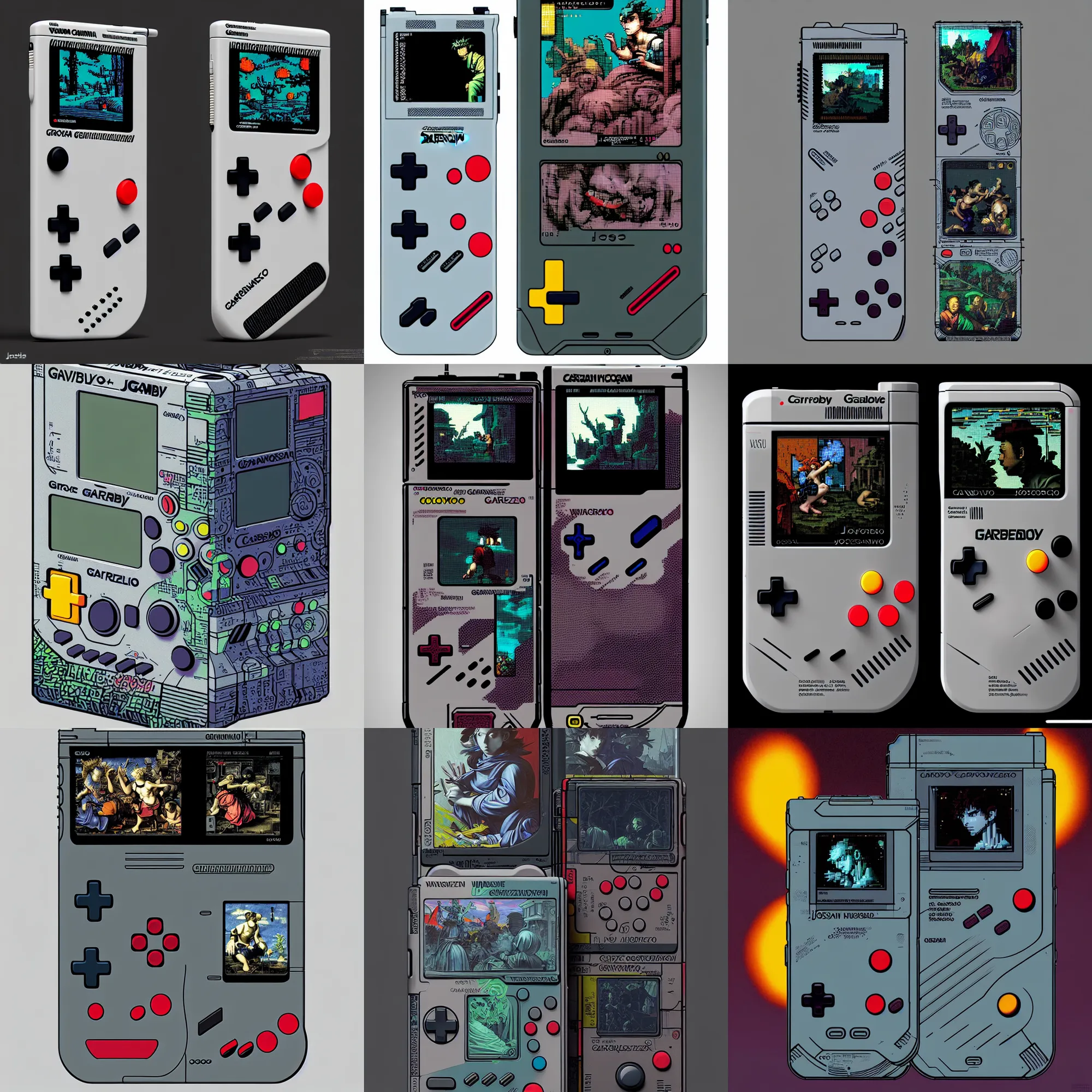 Image similar to Colour Caravaggio style gameboy designed by Josan Gonzalez Many details. In style of Josan Gonzalez and Mike Winkelmann andgreg rutkowski and alphonse muchaand Caspar David Friedrich and Stephen Hickman and James Gurney and Hiromasa Ogura