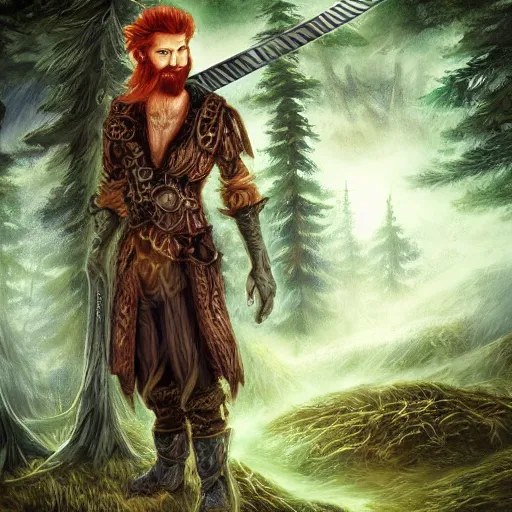 Prompt: grungy redheaded swordsman with scruffy beard standing in a cedar forest, fantasy painting elegant intricate digital painting artst