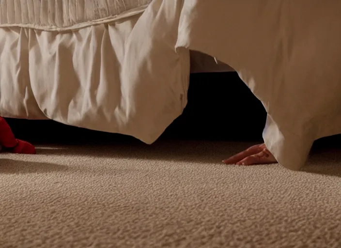 Prompt: film still of Christopher Walken hiding under a bed at night in the new Shining movie, 4k