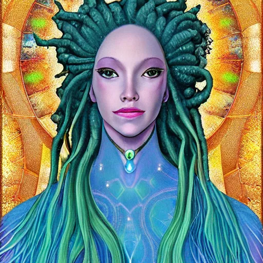 Image similar to techno mystic goddess princess intergalactica, with aqua neon rapunzel dreadlocks, detailed, wearing seashell attire, crystal pathway to atlantis floating on the sea, by gilbert williams masterpiece, sharp focus, sandro botticelli