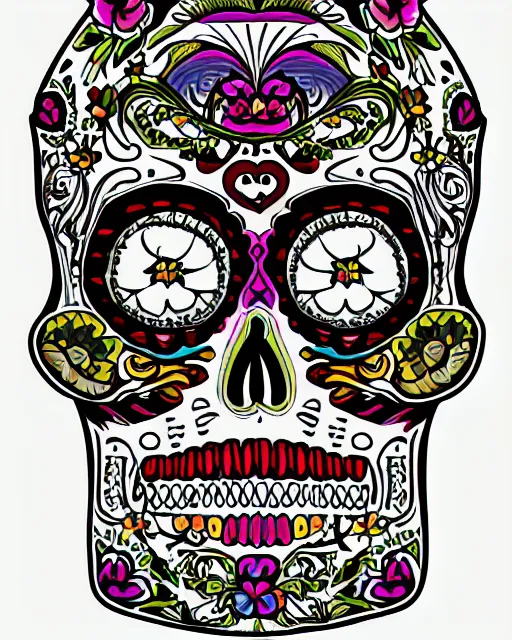 Prompt: dia de los muertos theme multicolor line art sticker in the styles of artemio rodriguez, lisa brawn, and gustave bauman, intricate, accurate facial details, profile picture, hard outline, vector graphic, vibrant, whitespace border