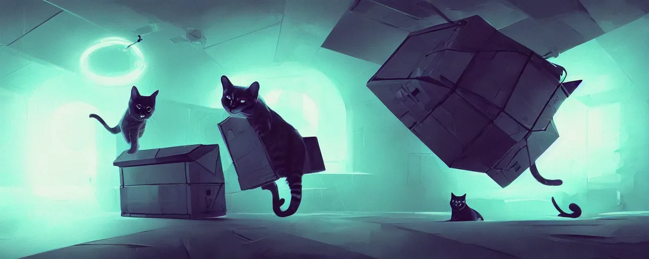 Image similar to duotone noir scifi concept dynamic illustration of 3 d mesh of cat inside box floating zero gravity glowing 3 d mesh quantum portals, glowing eyes, octane render, surreal atmosphere, volumetric lighting. accidental renaissance. by sachin teng and sergey kolesov and ruan jia and heng z. graffiti art, scifi, fantasy, hyper detailed. trending on artstation