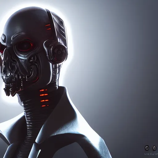 Image similar to evil cyberpunk dark lord, highly detailed, photorealistic portrait, bright studio setting, studio lighting, crisp quality and light reflections, unreal engine 5 quality render