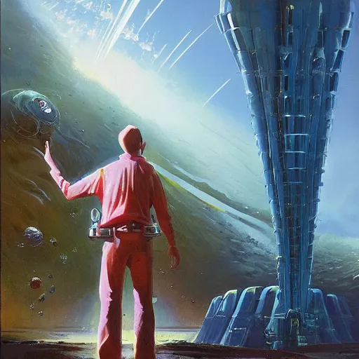 Image similar to a painting of a man standing in front of a giant alien, poster art john berkey and simon stalenhag and gilbert williams, cgsociety, space art, lovecraftian, cosmic horror, poster art