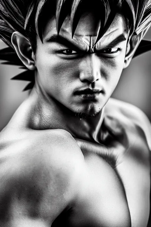 Prompt: detailed portrait photo of goku as a real man, dragon ball, cosplay, realistic, studio lighting, professional photography, nikon 5 0 mm f / 1. 8 g, canon