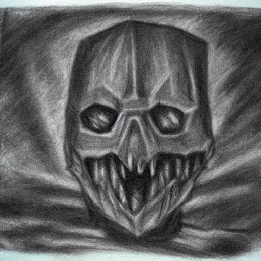 Image similar to minecraft horror evil, black and white charcoal sketch