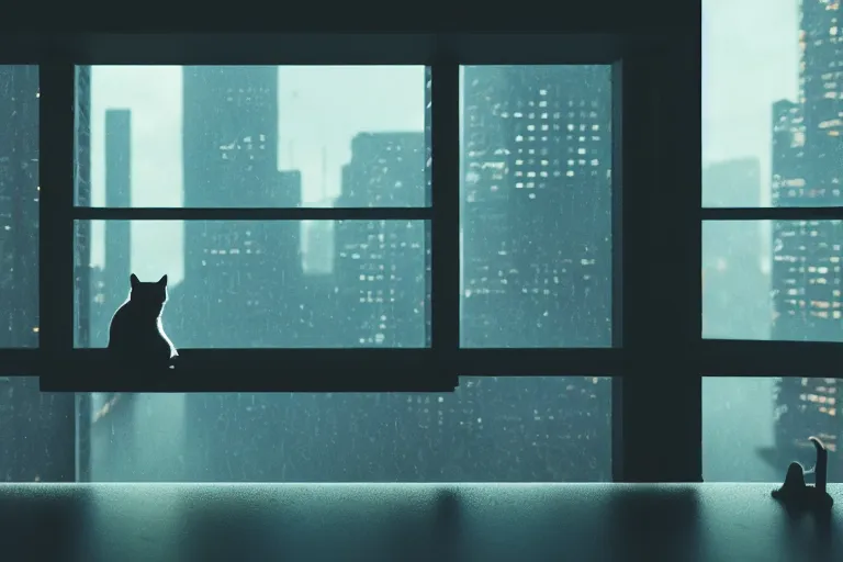 Prompt: A cat sitting on a window watching the view of a cyberpunk city, 24mm, 8k, octane render, beautiful, peaceful, cyberpunk, moody, raining, rain, super detailed, dof, volumetric lighting, rtx, raytracing