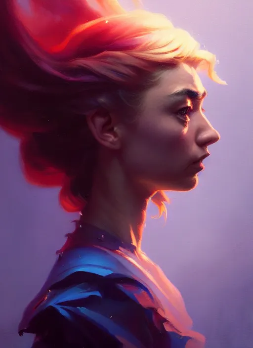 Image similar to side portrait, imogen poots, paladin, gloomhaven, organic painting, hard edges, red - blue tones, luminescent, octane render, by greg manchess, huang guangjian, gil elvgren, sachin teng, greg rutkowski, jesper ejsing, rhads, ilya kuvshinov, cushart krenz