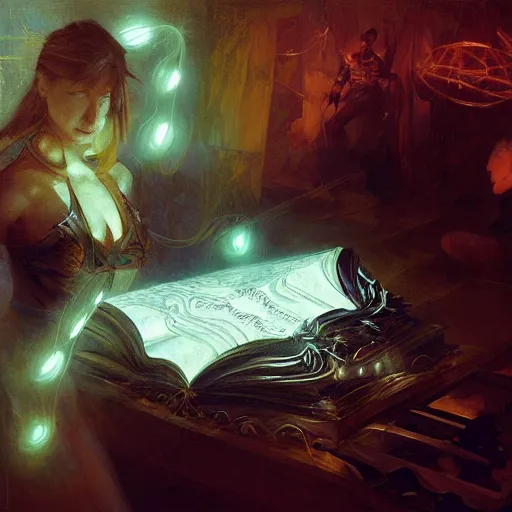 Prompt: concept illustration of an ancient glowing magic spell book suspended in mid-air. glowing light, intricate, elegant, digital painting, concept art, smooth, sharp focus, illustration, from Metal Gear, by Ruan Jia and Mandy Jurgens and Artgerm and William-Adolphe Bouguereau