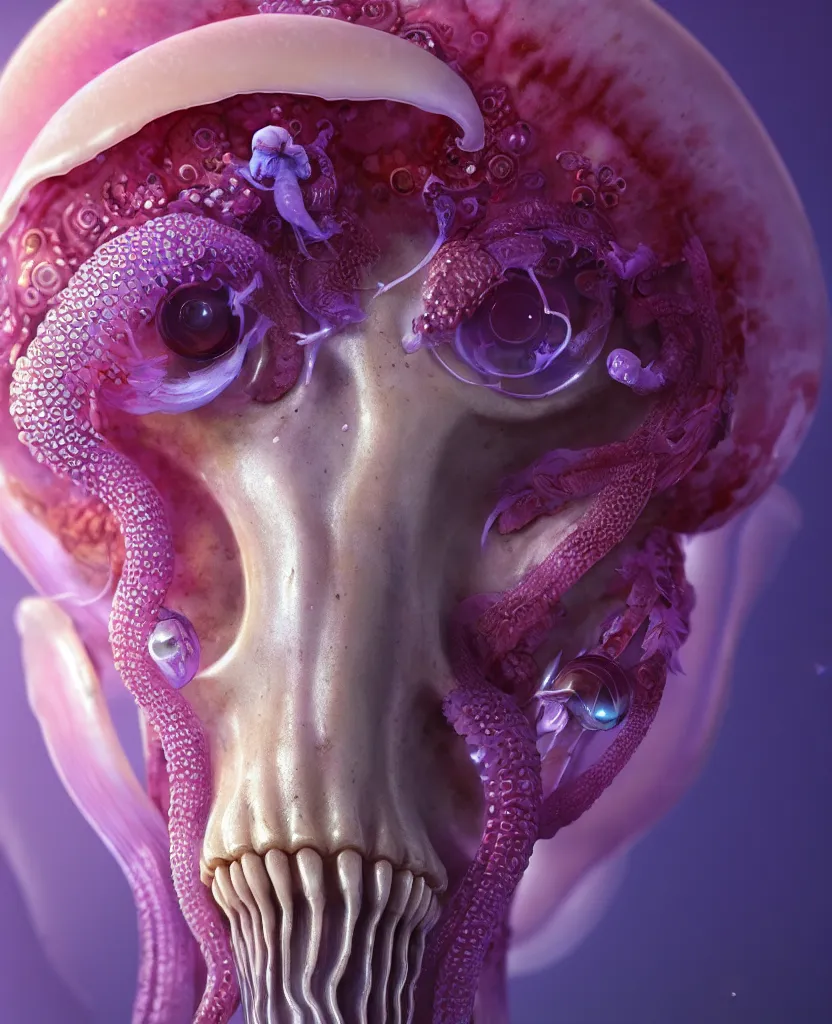 Image similar to goddess princess face close-up portrait ram skull. jellyfish phoenix head, nautilus, orchid, skull, betta fish, bioluminiscent creatures, intricate artwork by Tooth Wu and wlop and beeple. octane render, trending on artstation, greg rutkowski very coherent symmetrical artwork. cinematic, hyper realism, high detail, octane render, 8k