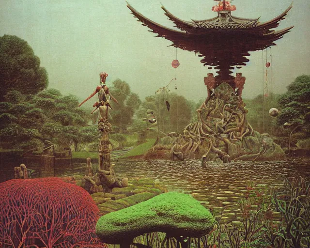 Prompt: strange weird pagan japanese garden with a big ancient god fountain statue by beksinski bosch sky by damien hirst, very cohesive and vibrant, serenity, hyperminimalist, 8 k, surreal oil painting, highly detailed, dream like, masterpiece