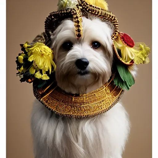 Image similar to cream - colored havanese dog wearing an ornate african necklace, a large headpiece made from flowers, soft light colored background, intriguing pose, magazine fashion photo by annie leibovitz