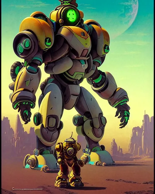 Image similar to orisa from overwatch, centaur, character portrait, portrait, close up, concept art, intricate details, highly detailed, vintage sci - fi poster, retro future, in the style of chris foss, rodger dean, moebius, michael whelan, and gustave dore