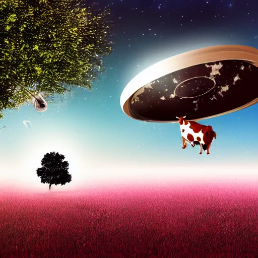 Prompt: photorealistic ufo abducting a cow next to a tree on a green field