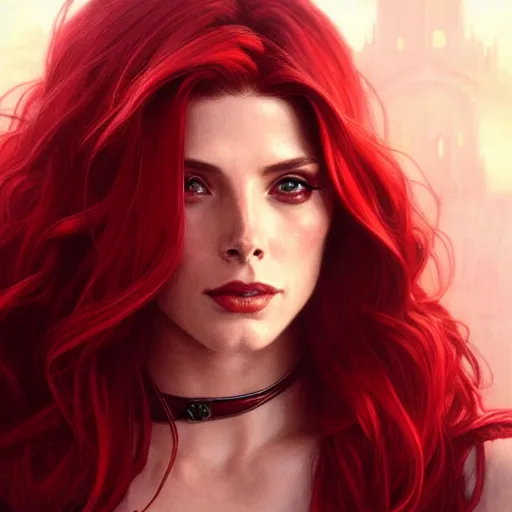 Image similar to Ashley Greene with red hair as Scarlet Witch, western, D&D, fantasy, intricate, elegant, highly detailed, digital painting, artstation, concept art, matte, sharp focus, illustration, art by Artgerm and Greg Rutkowski and Alphonse Mucha