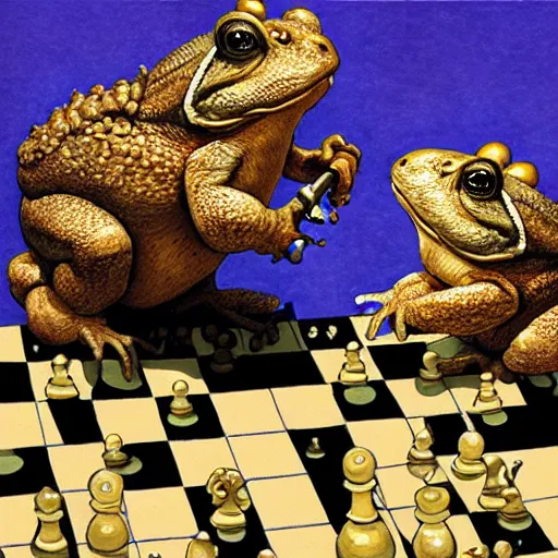 Prompt: studious toads playing chess by James Gurney.