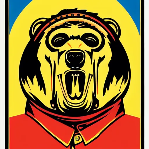 Image similar to Propaganda poster of a dictator bear, sticker, highly detailed, colorful, illustration, drama, smooth and clean vector curves, no jagged lines, vector art, smooth