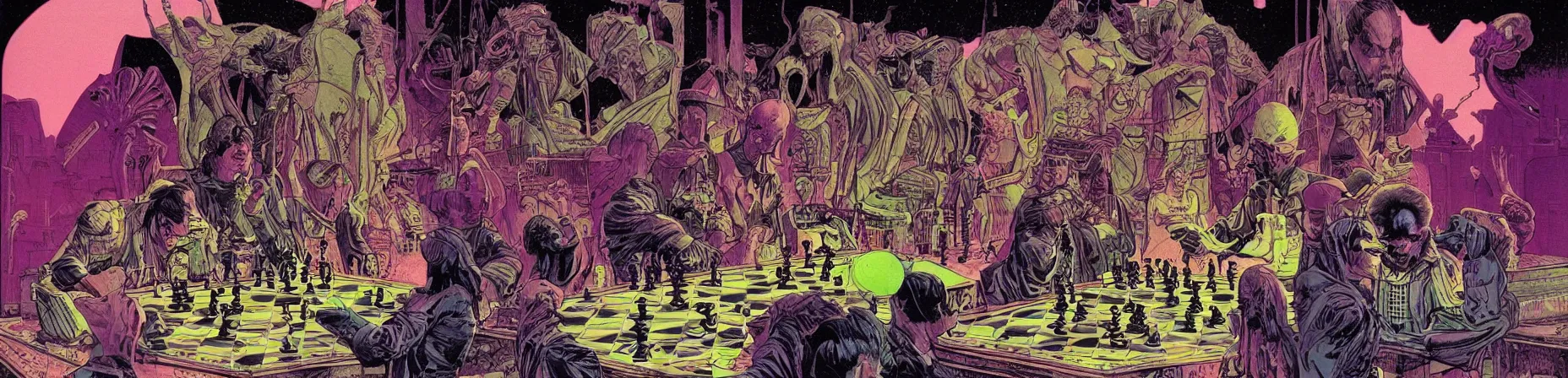 Image similar to chess set, taro deck card king and psychedelic grainshading print by moebius, richard corben, wayne barlowe, cyberpunk comic cover art, galactic dark colors