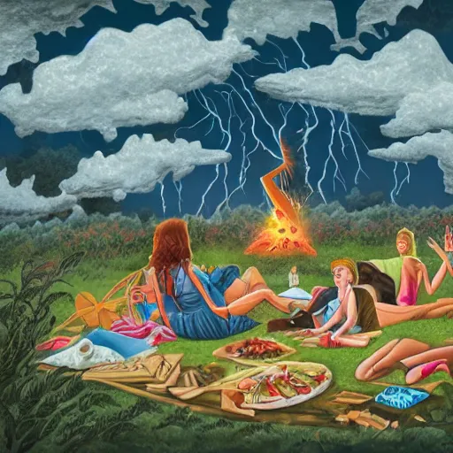 Image similar to a detailed illustration of a god ruining a picnic in the park, nightmare in the park, calamity, dark storms with lightning, ultrawide lens, aerial photography, natural disaster, 8 k, art by the unemployed philosophers guild