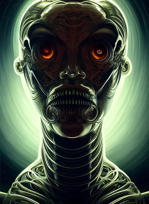 Image similar to symmetry!! portrait of grotesque alien, sci - fi!!, glowing lights!!, intricate, elegant, dark design, highly detailed, dark lighting, digital art, digital painting, artstation, sharp focus, illustration, art by artgerm and h r giger and greg rutkowski and alphonse mucha, 8 k