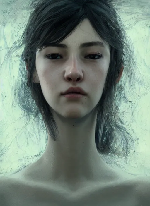 Image similar to a female looking directly while her left eye is closed and the other is open, naturel, hyper detailed, digital art, trending in artstation, cinematic lighting, studio quality, smooth render, unreal engine 5 rendered, octane rendered, art style by klimt and nixeu and ian sprigger and wlop and krenz cushart