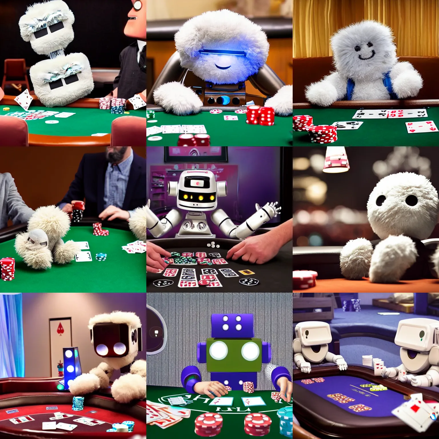 Prompt: cute fluffy robot double downs while playing poker