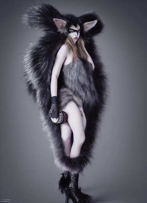 Image similar to full body environmental portrait photo of anya taylor - joy as catgirl, headpiece made from fur, glamour shot by gemmy woud - binnendijk, chris knight, photorealistic, canon r 3, fashion photography, elegant, luxury and elite, symmetry, octane render, unreal engine, solid dark grey background, dramatic lights, high fashion journal cover