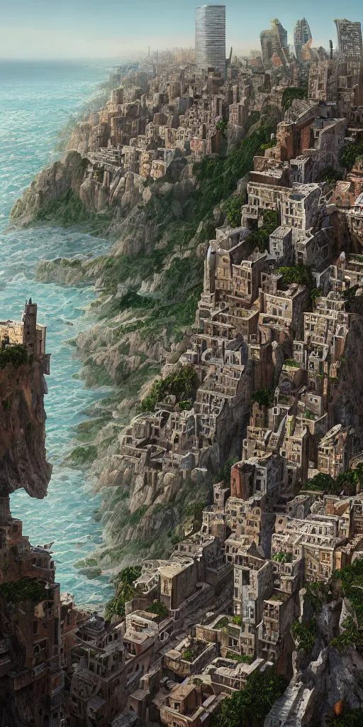 Image similar to a painting of a city built into the side of a cliff, a detailed matte painting by wes anderson, morphosis, daniel libeskind, nature meets architecture, cgsociety, fantastic realism, matte painting, terragen, artstation hq