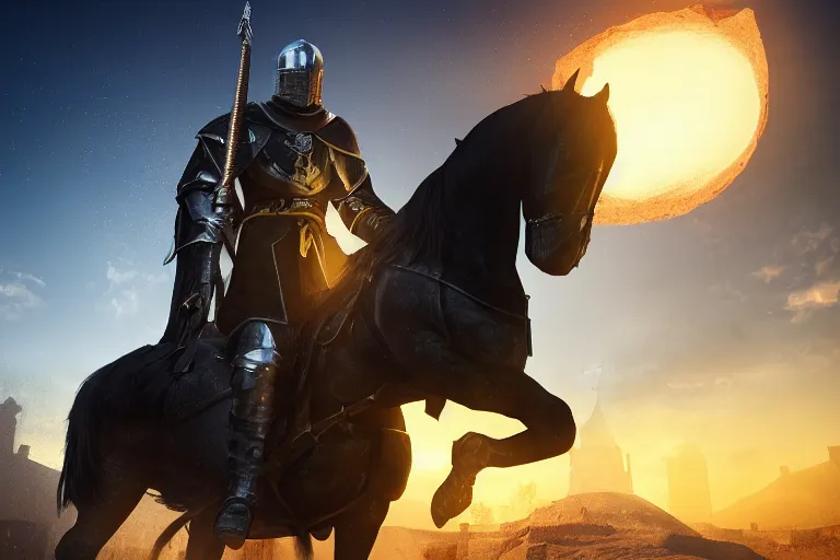 Image similar to A Templar knight, riding a black horse, arriving at a medieval town, with a yellow Uber eats backpack, global illumination, digital art, ue5 render, octane render, almost night, hyper detailed, concept art