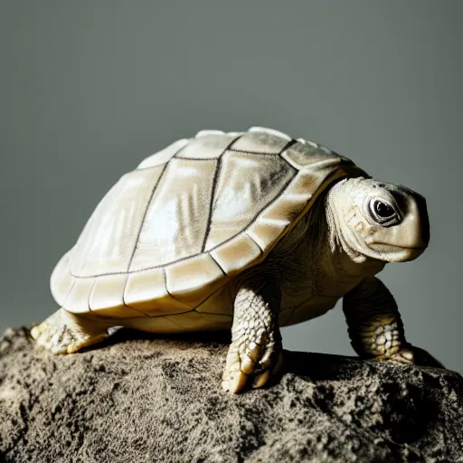 Prompt: photo of a cute albino turtle with fur instead of a shell, sharp, dramatic lighting, intense, incredibly detailed, studio, 85mm Sigma Art lens