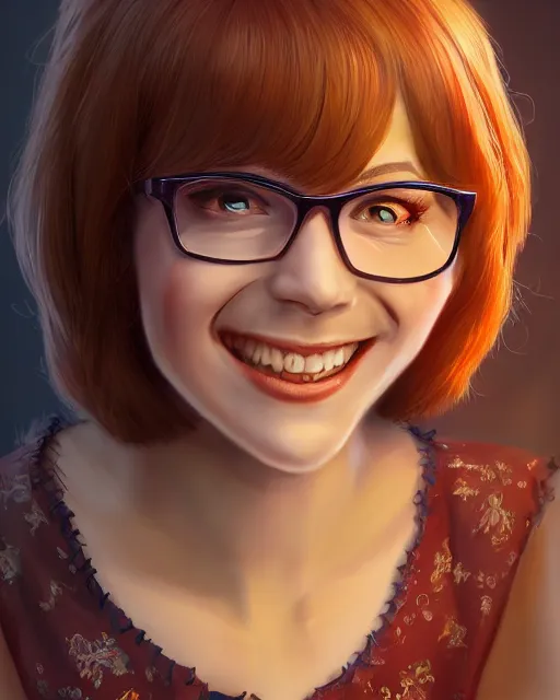 Image similar to a highly detailed illustration of velma from scooby doo, dramatic smile pose intricate, elegant, highly detailed, centered, digital painting, artstation, concept art, smooth, sharp focus, league of legends concept art, extremely detailed eyes, fantastic details full face, mouth, trending on artstation, pixiv, ultrahd, in the style of chris sanders