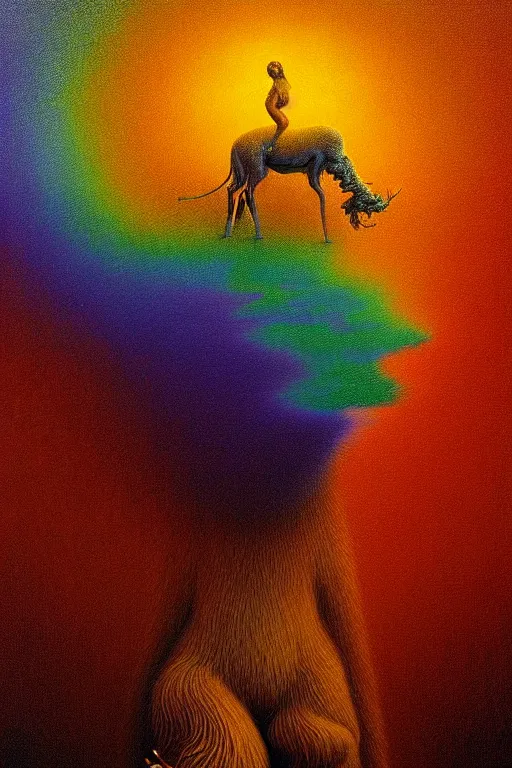 Image similar to hyperrealistic close-up baroque psychedelic!! god happy fluffy kind! creature!! peaceful! kind spirit of nature highly detailed concept art eric zener elson peter cinematic hard rainbow lighting high angle hd 8k sharp shallow depth of field, inspired by Zdzisław Beksiński