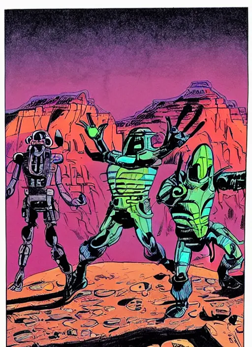 Image similar to comic book drawing of aliens at the grand canyon by jack kirby!!! and gris grimly, cinematic, epic, awesome bright color palette, hard contrast, black ink outlines