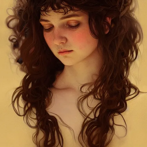 Prompt: portrait of a welsh girl with brown hair, glowing skin, delicate features, teenage amelie poulain, fantasy, intricate, elegant, dress shirt, highly detailed, digital painting, artstation, concept art, smooth, sharp focus, illustration, art by Krenz Cushart and Artem Demura and alphonse mucha