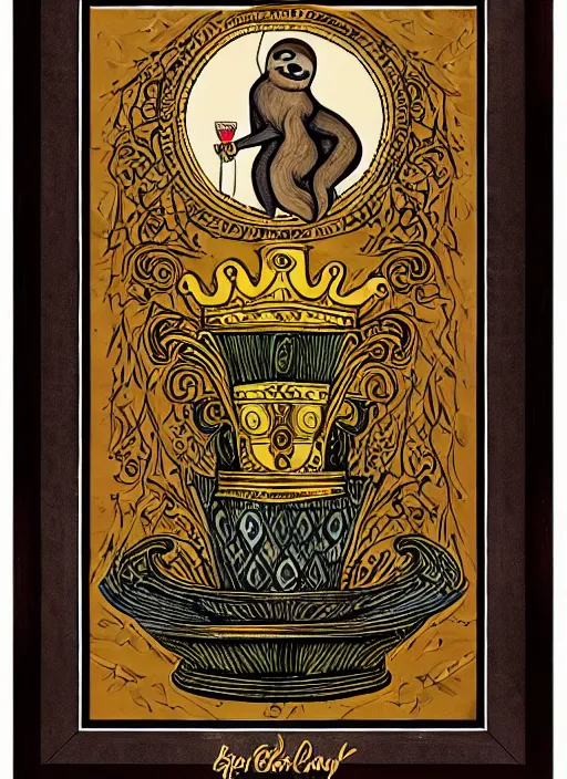 Image similar to sloth as the king of cups, copper cup, coper crown, poster framed, intricate details, medieval art style, high contrast, posterized