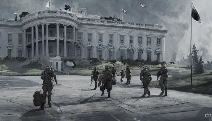 Image similar to white house with nazi flags and german soldiers walking around, hyperdetailed, artstation, cgsociety, 8 k