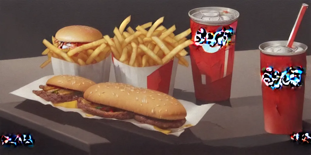 Prompt: MacDonald food, hamburger, french fries, Coca-Cola, redbull. Greg rutkowski