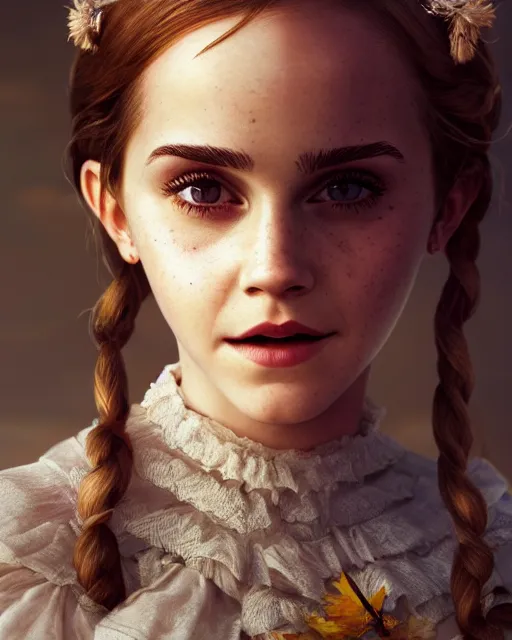 Prompt: full shot portrait painting of very beautiful emma watson white maiden, character design by mark ryden and pixar and hayao miyazaki, unreal 5, daz, hyperrealistic, octane render, cosplay, rpg portrait, dynamic lighting, intricate detail, harvest fall vibrancy, cinematic